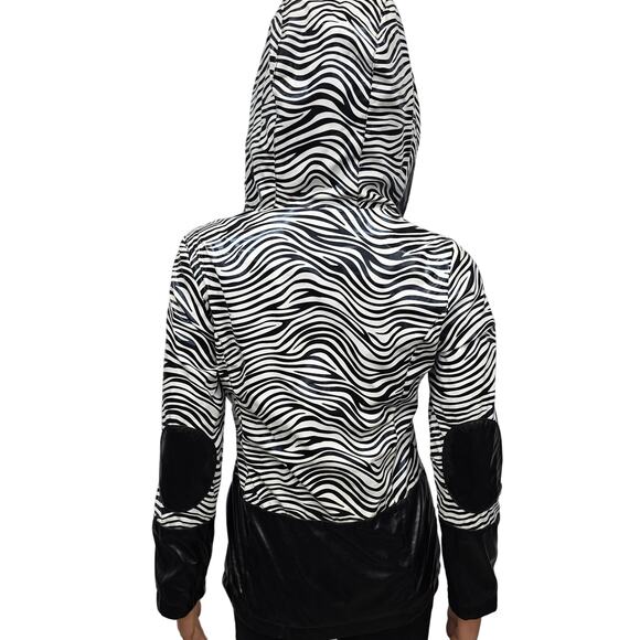 Dollhouse Hooded Rain Jacket Zebra Animal Print Elbow Patch S/M Black White - Picture 8 of 12